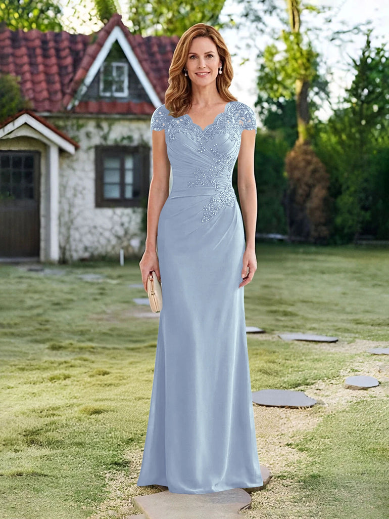 Cap Sleeve V-Neck Chiffon Lace Applique Mother of the Bride Dress in Lavender