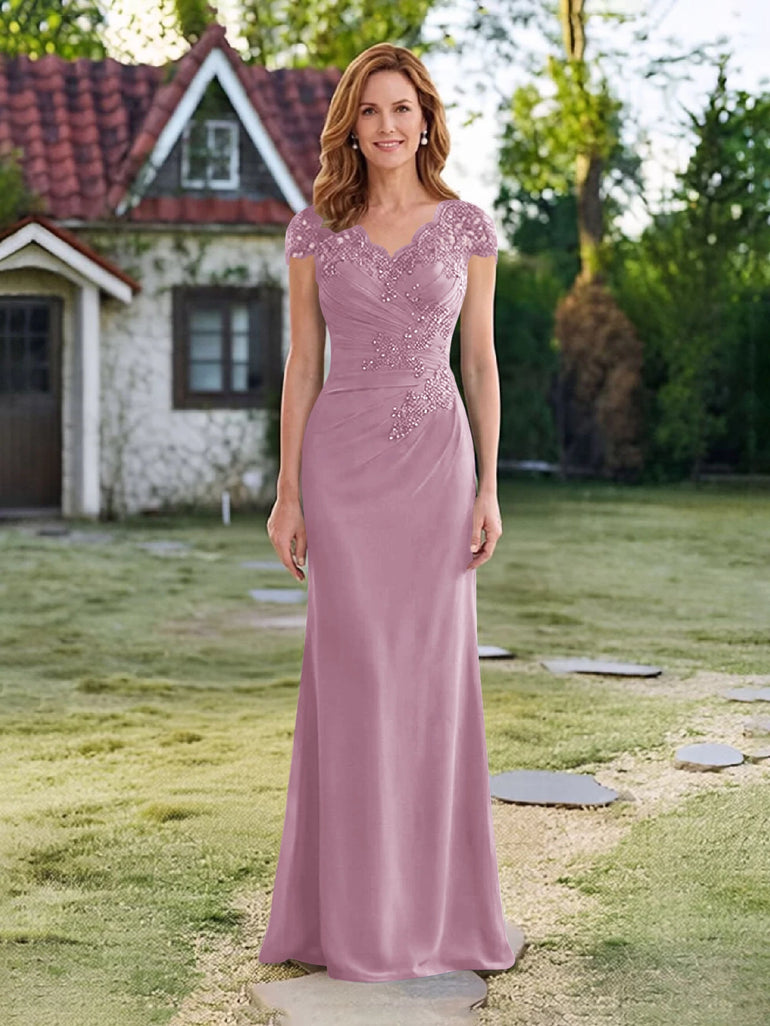 Cap Sleeve V-Neck Chiffon Lace Applique Mother of the Bride Dress in Mauve