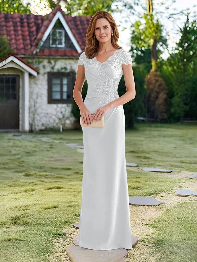 Cap Sleeve V-Neck Chiffon Lace Applique Mother of the Bride Dress in White