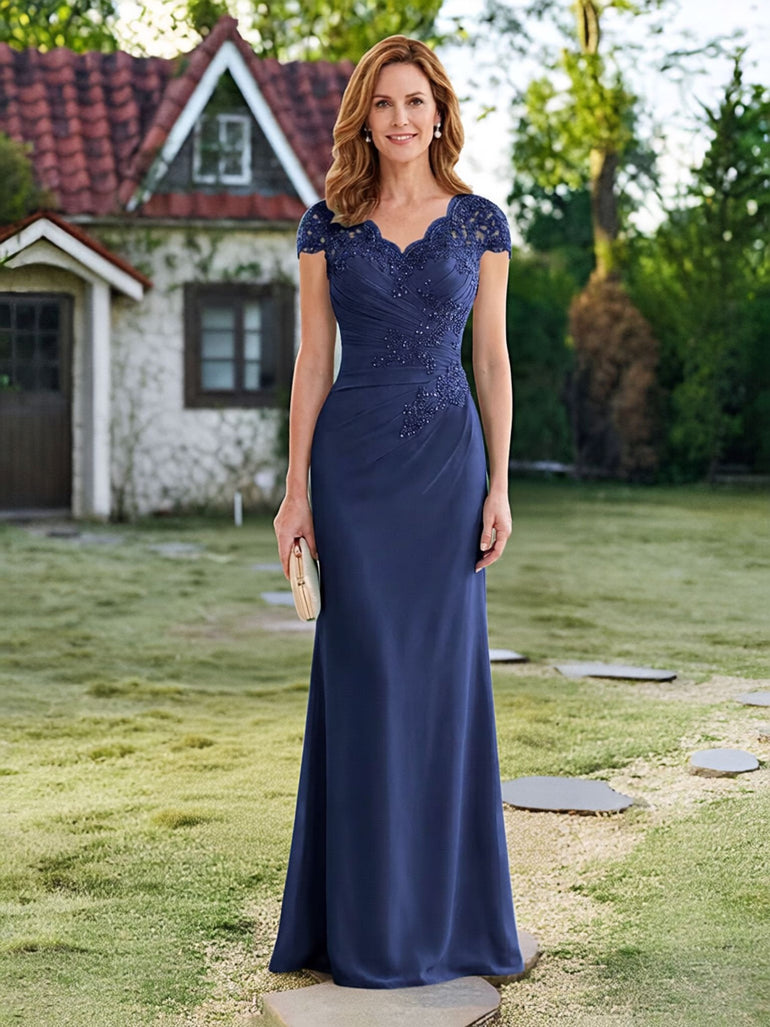 Cap Sleeve V-Neck Chiffon Lace Applique Mother of the Bride Dress in Navy Blue