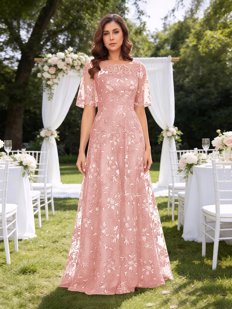 Sparkly Sequin A-Line Short Sleeve Mother of the Bride Dress in Blush Pink