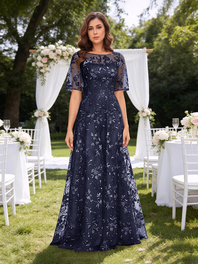 Sparkly Sequin A-Line Short Sleeve Mother of the Bride Dress in Navy Blue