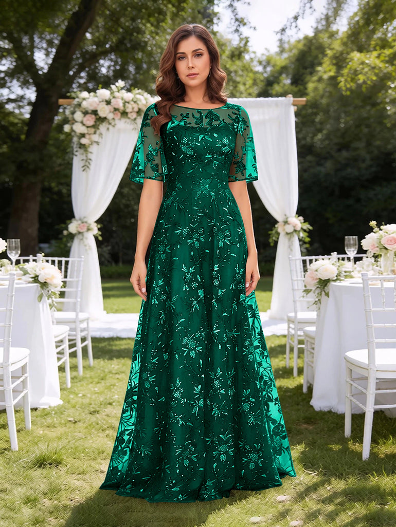 Sparkly Sequin A-Line Short Sleeve Mother of the Bride Dress in Teal