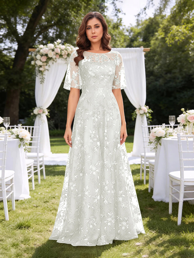 Sparkly Sequin A-Line Short Sleeve Mother of the Bride Dress in White