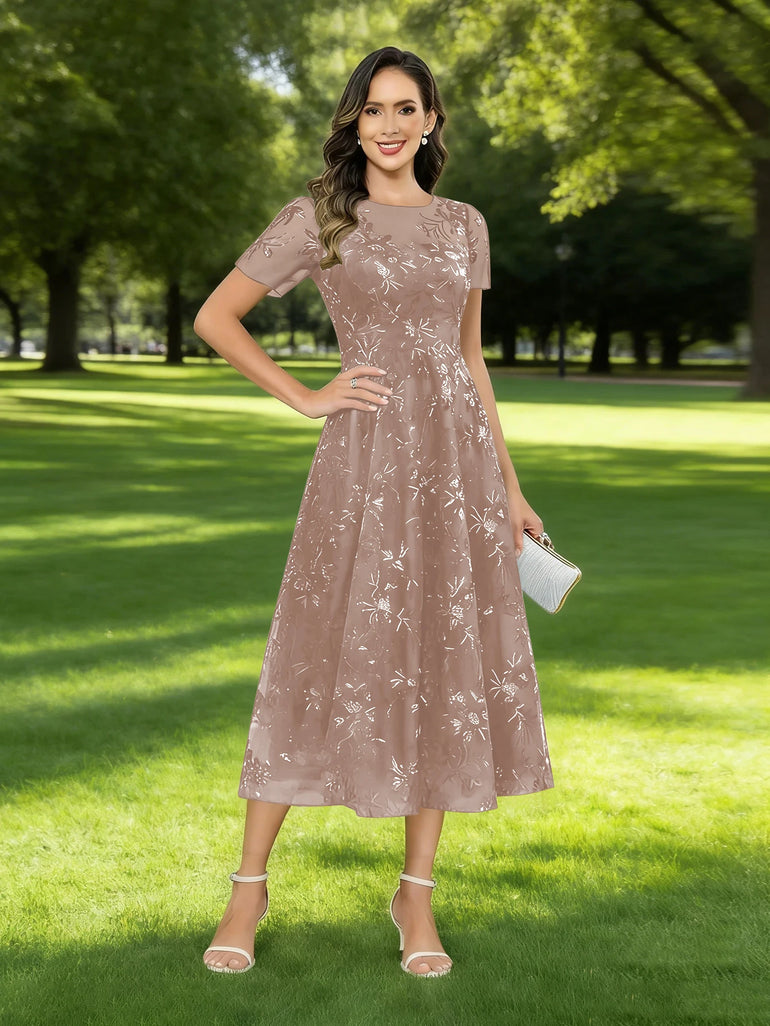 Sequin Lace Sheer Short Sleeve Formal Mother of the Bride Dress in Champagne