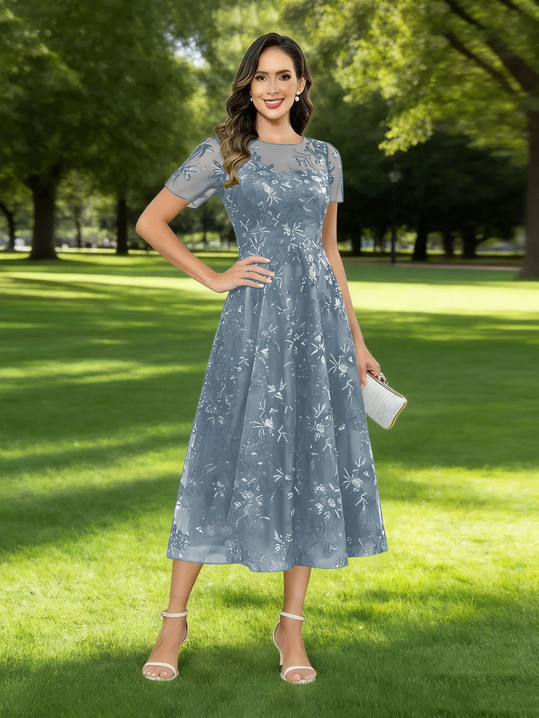 Sequin Lace Sheer Short Sleeve Formal Mother of the Bride Dress in Dusty Blue