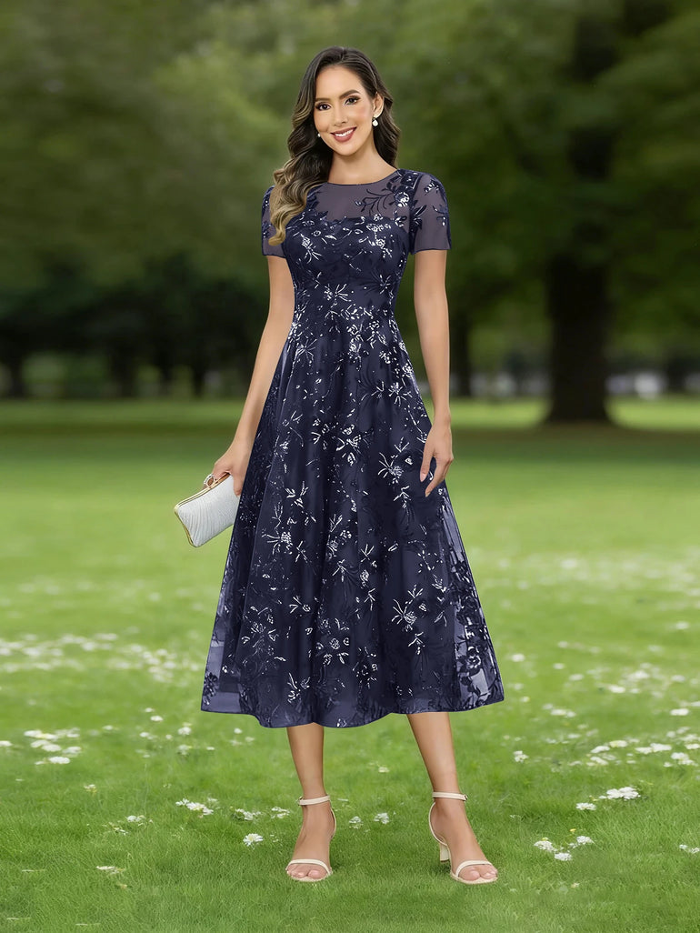 Sequin Lace Sheer Short Sleeve Formal Mother of the Bride Dress in Navy Blue