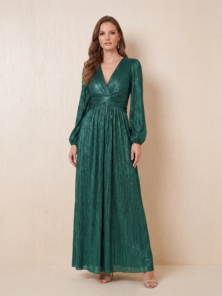 Long Sleeve V-Neck Floor Length A-Line Mother of the Bride Dress in Peacock Blue
