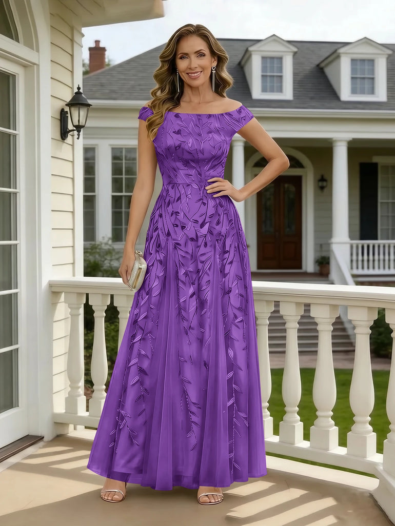Off The Shoulder Leaf Sequin Mother of Bride Dress Maxi A Line in Mauve
