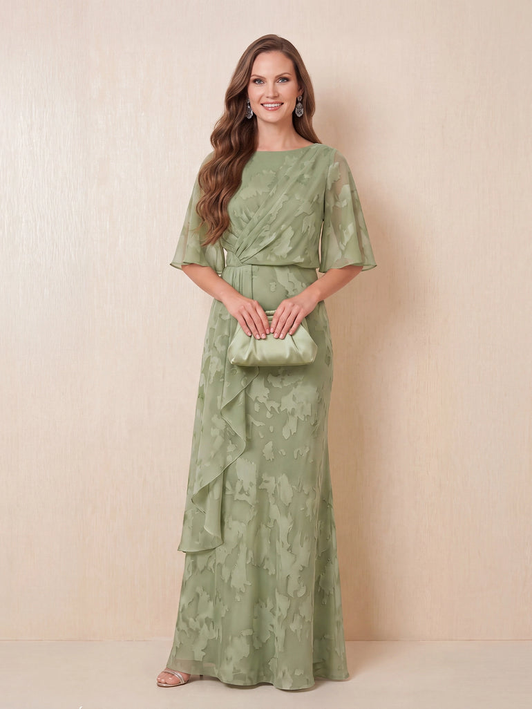 Jacquard Lace Ruffled Flutter Sleeve Maxi Mother of the Bride Dress in Sage Green