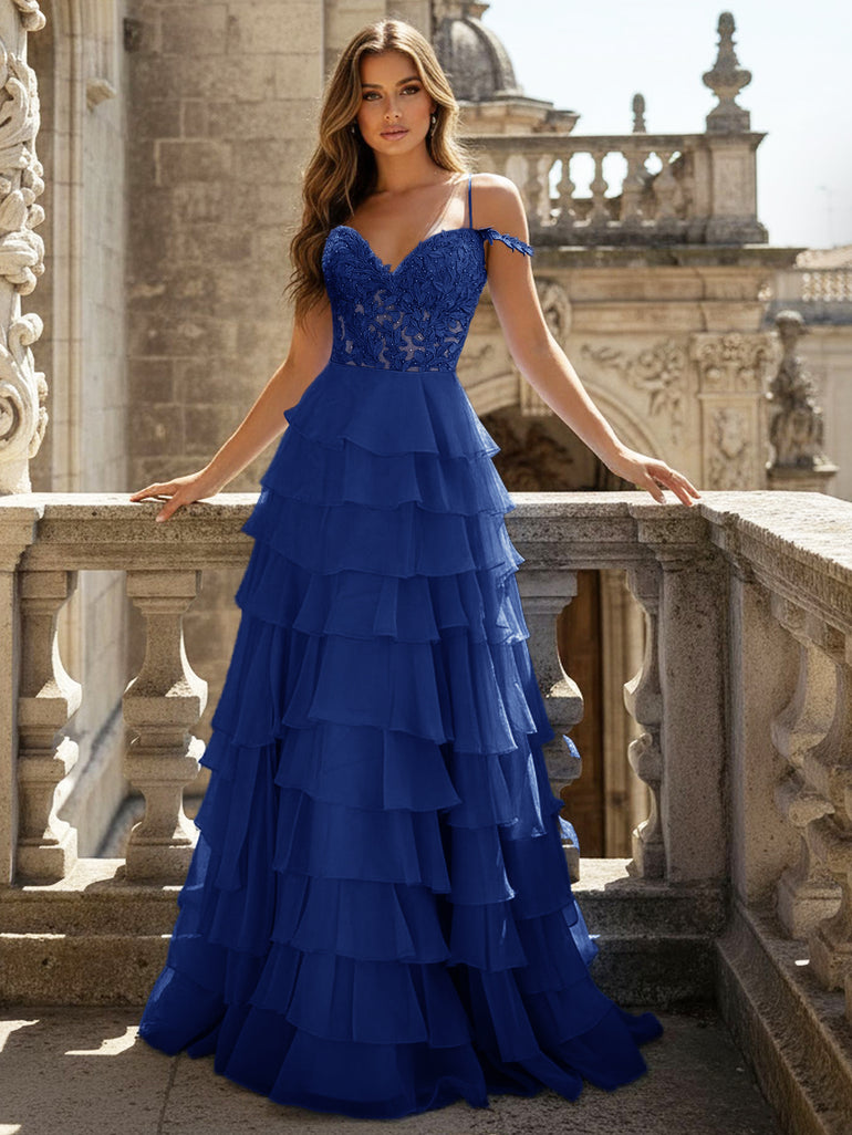 Lace Illusion Ruffle Tiered Ball Gown Prom Dress in Royal Blue