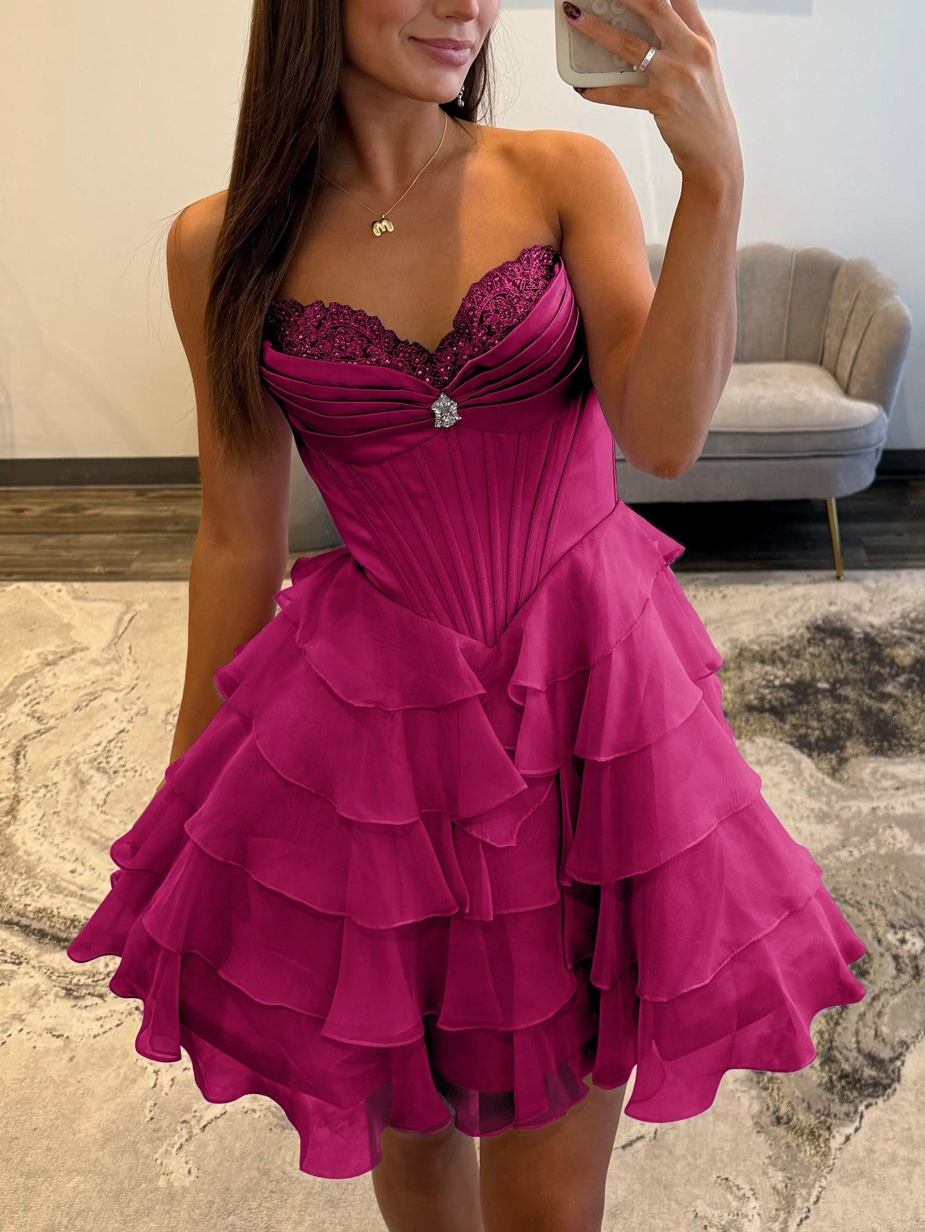 Mini Prom Dress Ruffle Crystal Ruffle Boned Ball Gown Mini Prom Dress - Fuchsia – Worldprom