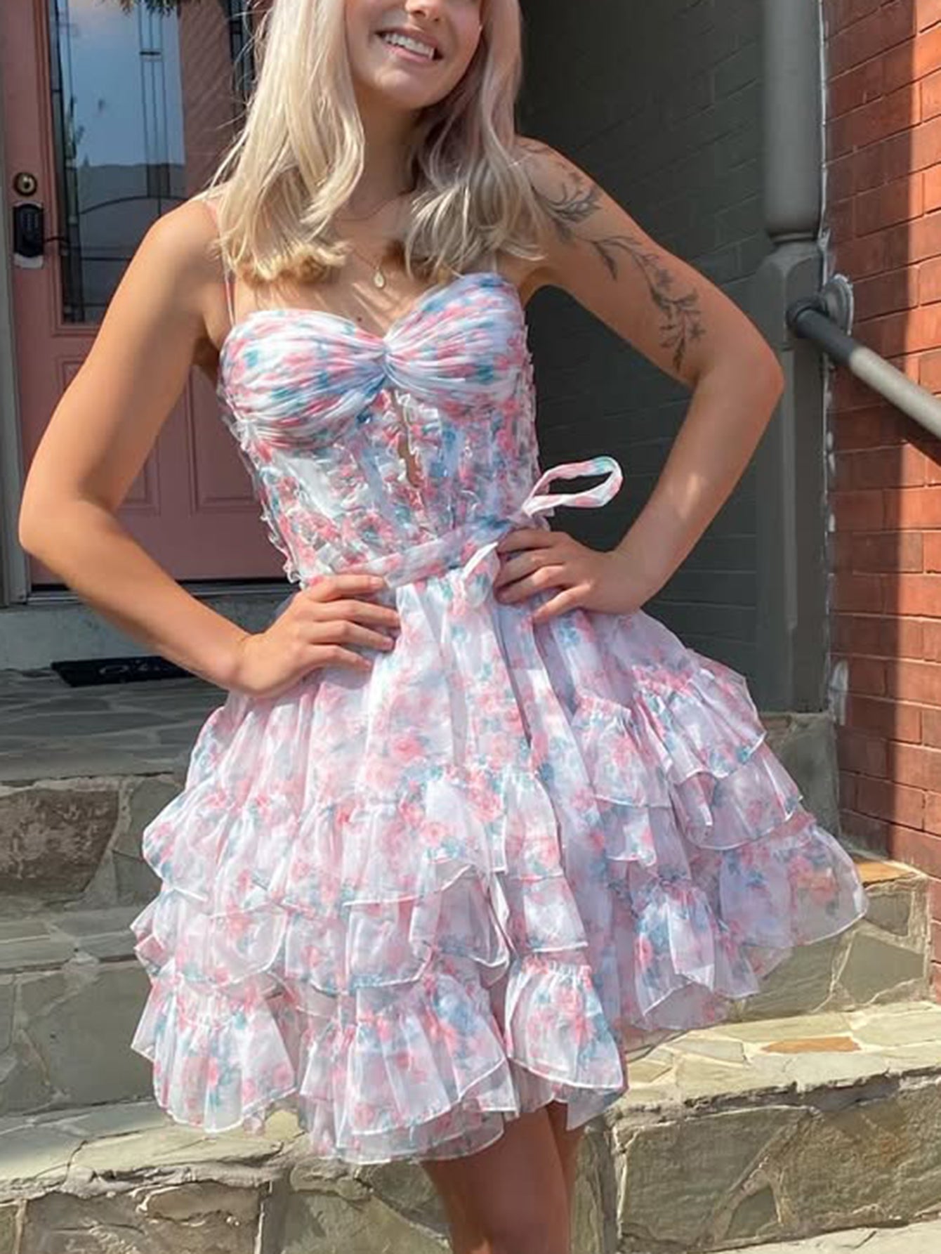 Mini Prom Dress Ruffle Chiffon Printing Ruffle Mini Ball Gown Prom Dress With Bow - Pink ...