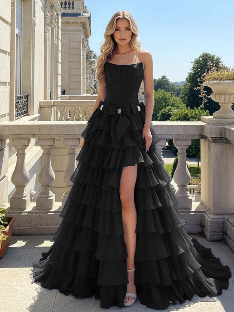 Light Blue Strapless Chiffon Tiered Ball Gown Long Corset Prom Dress With Bow