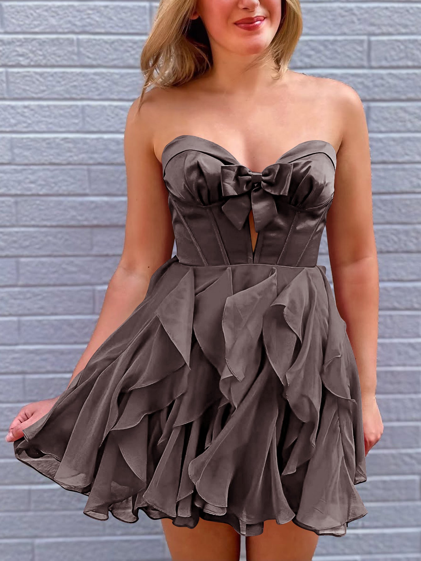 Mini Prom Dress Ruffle Cut Front With Bow Boned Ruffle Mini Ball Gown Prom Dress - Purple Grey ...