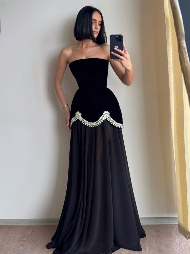 Black Strapless A-Line Chiffon Crystal A-Line Prom Dress