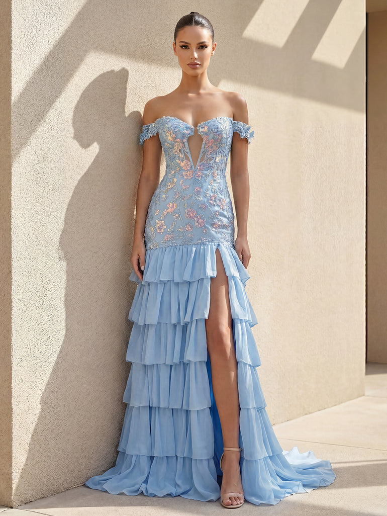 Cut Front Leaf Lace Boned Long Mermaid Prom Dress With Layered