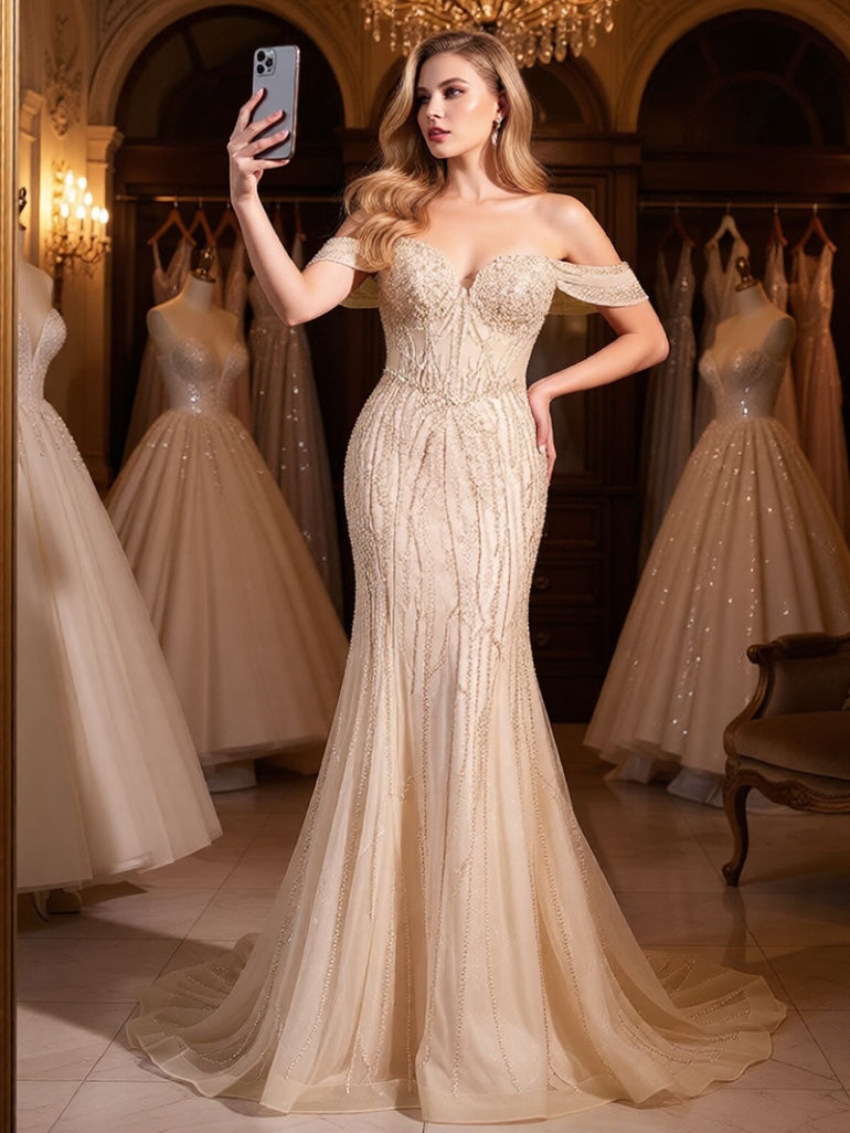 Champagne Sequin Off Shoulder Mermaid Maxi Formal Prom Dress