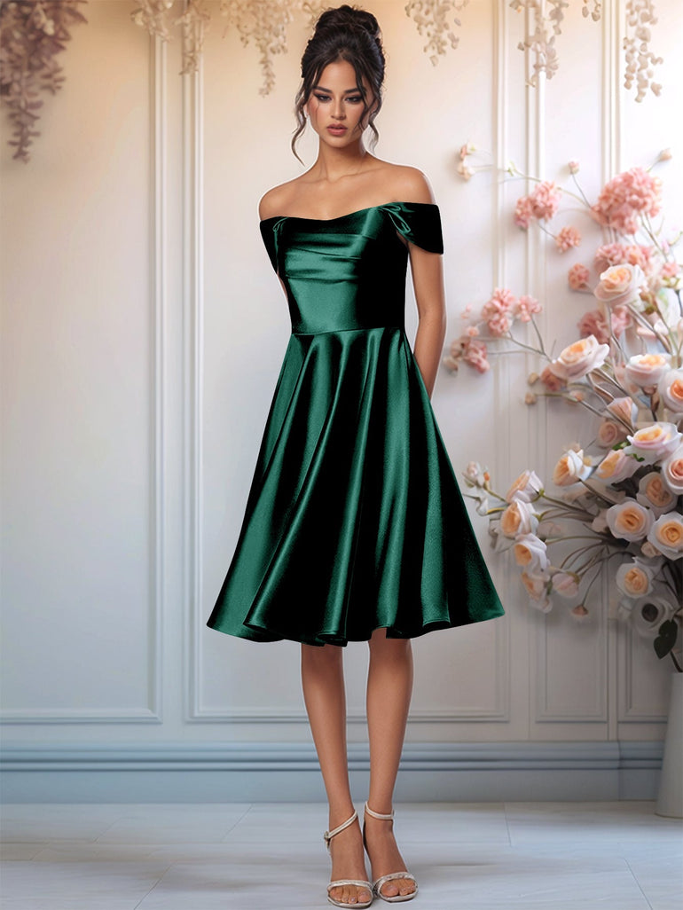 Emerald Green Off-the-Shoulder Satin A-Line Midi Bridesmaid Dress