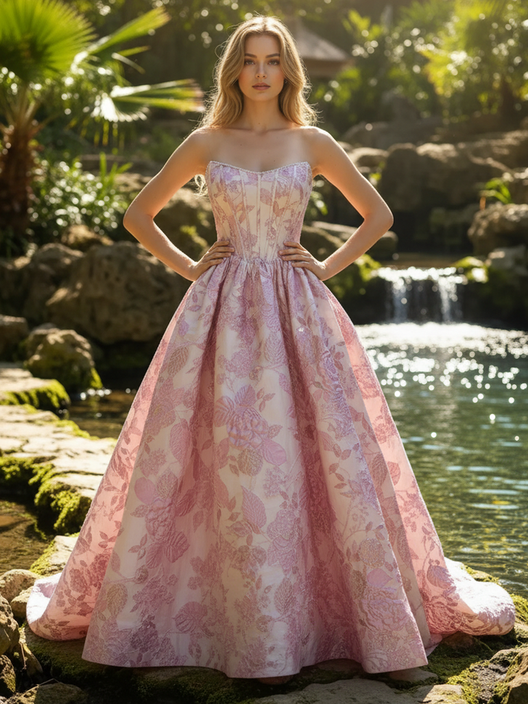 Blush Pink Jacquard Floral Strapless Corset A-Line Long Prom Dress with Pearls