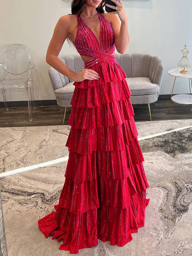 Red Cut Waist Halter Crystal Ruffle Ball Gown Prom Dress