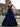 Deep V-Neck Off Shoulder Illusion Long Ball Gown Prom Dress - Navy Blue