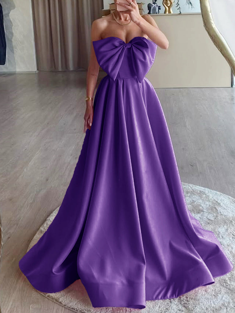 Big Bow Strapless Ball Gown Prom Dress - Purple