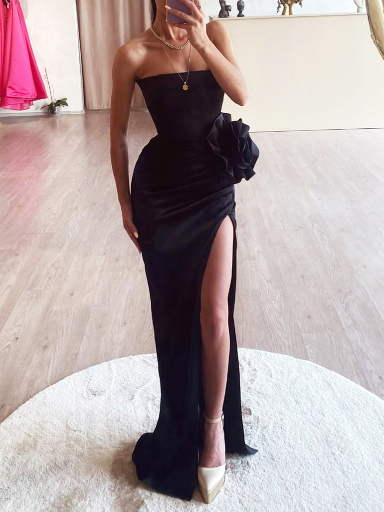 Black Removable Flower Strapless Long Mermaid Prom Dress with Slit