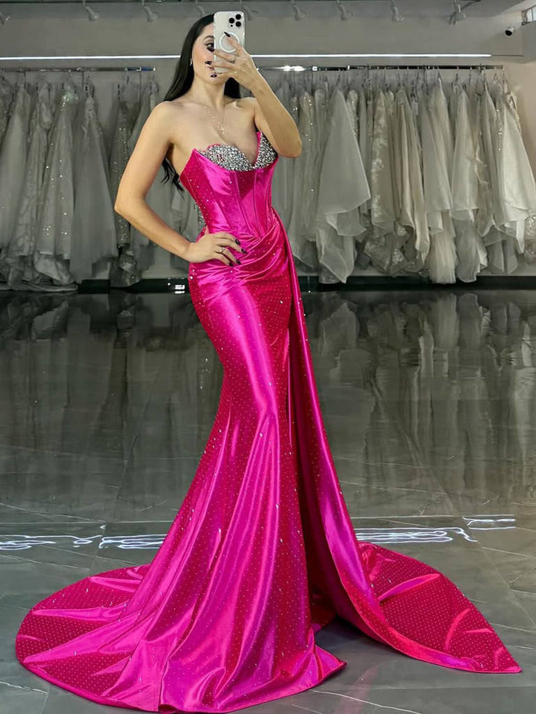 Sparkly Sweetheart Slit Mermaid Long Prom Dress With Drop - Hot Pink