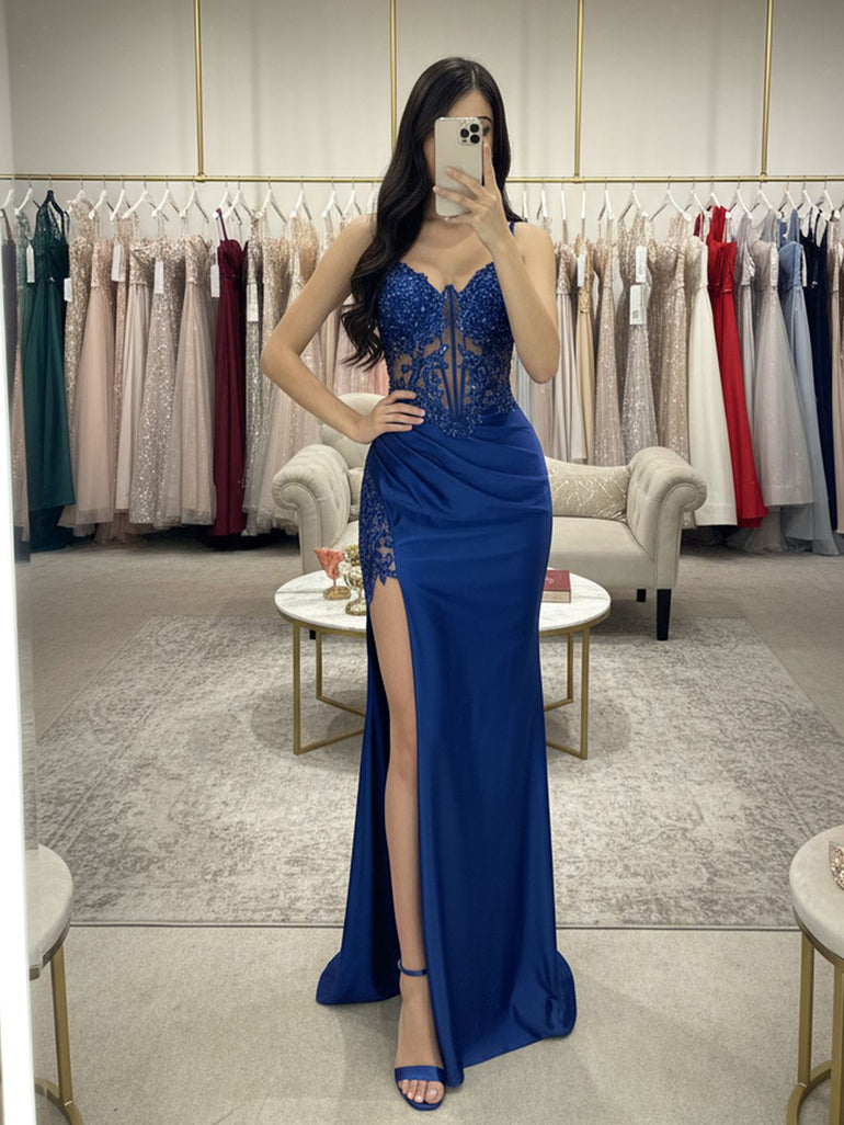 Bodice Split Sparkly Lace Mermaid Long Prom Dress - Royal Blue
