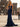Bow Cut Front Hot Fix Crystal Illusion Long Mermaid Prom Dress - Navy Blue