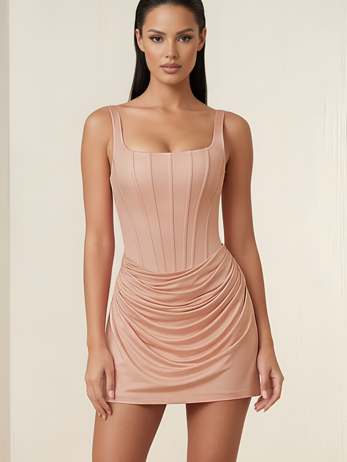 Tank Bodice Ruched Square Neck Lace Up Mini Sheath Prom Dress in Blush ...