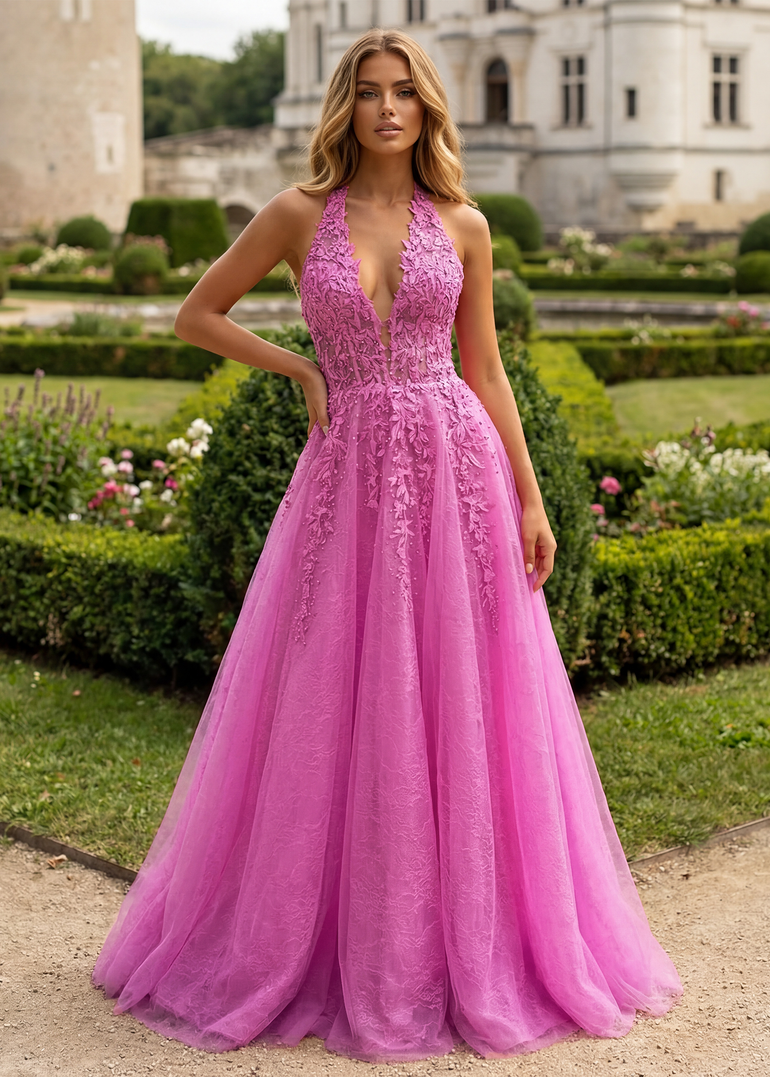 Hot Pink Halter Appliques Cut Front Lace Up Tulle Long A-Line Prom Dress