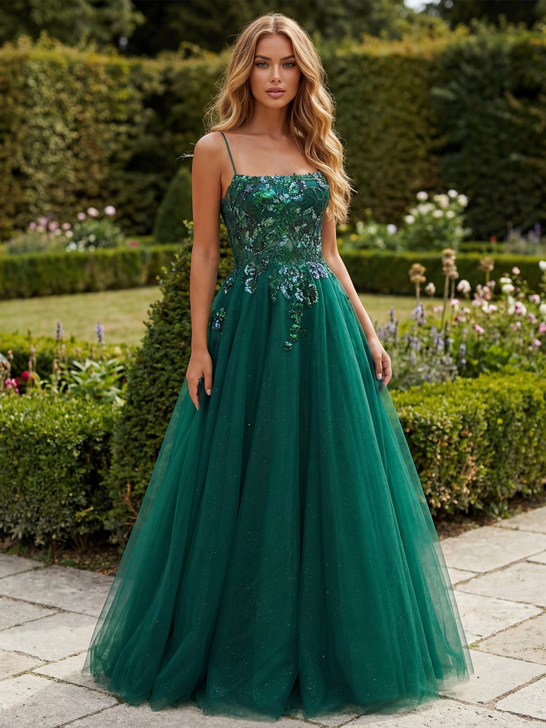 Emerald Green Square Neck Appliques Sheer Lace Up Long A-Line Prom Dress