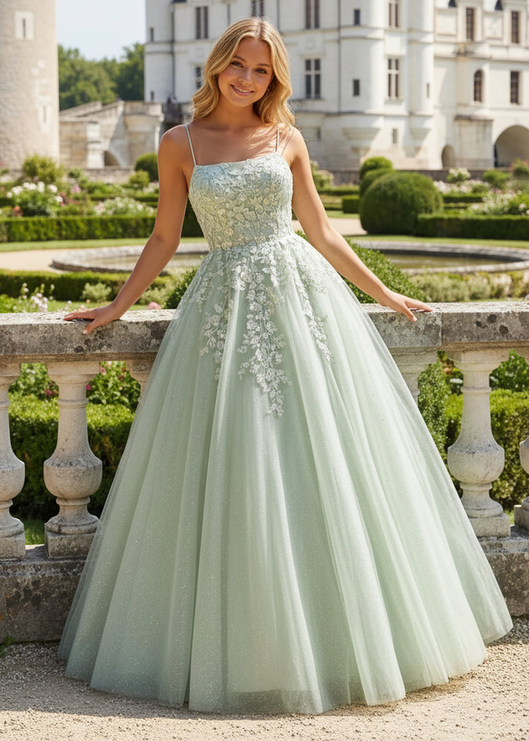 Mint Green Scoop Neck Appliques Lace Up Tulle Long A-Line Prom Dress