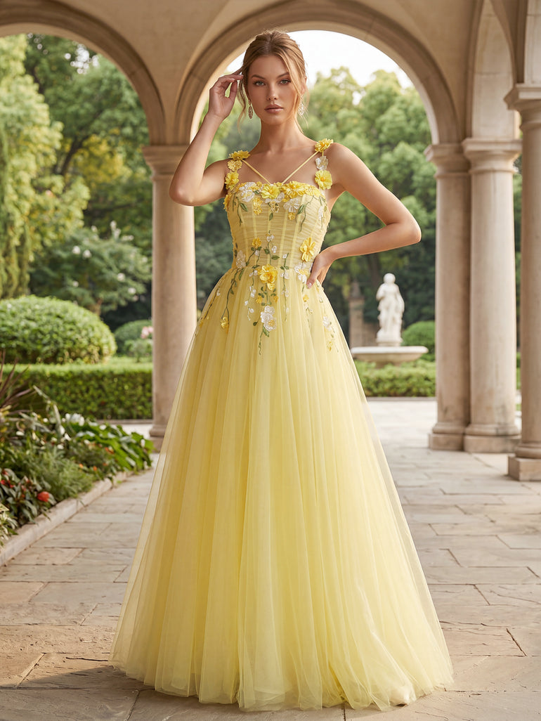 Yellow Tulle A-Line Appliques Illusion Sheer Long Formal Prom Dress