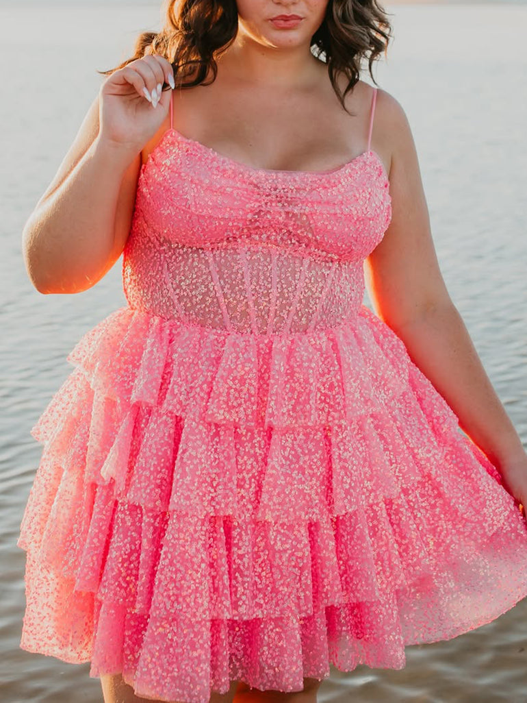 Hot Pink Sequin A-Line Tiered Tulle Corset Mini Homecoming Dress