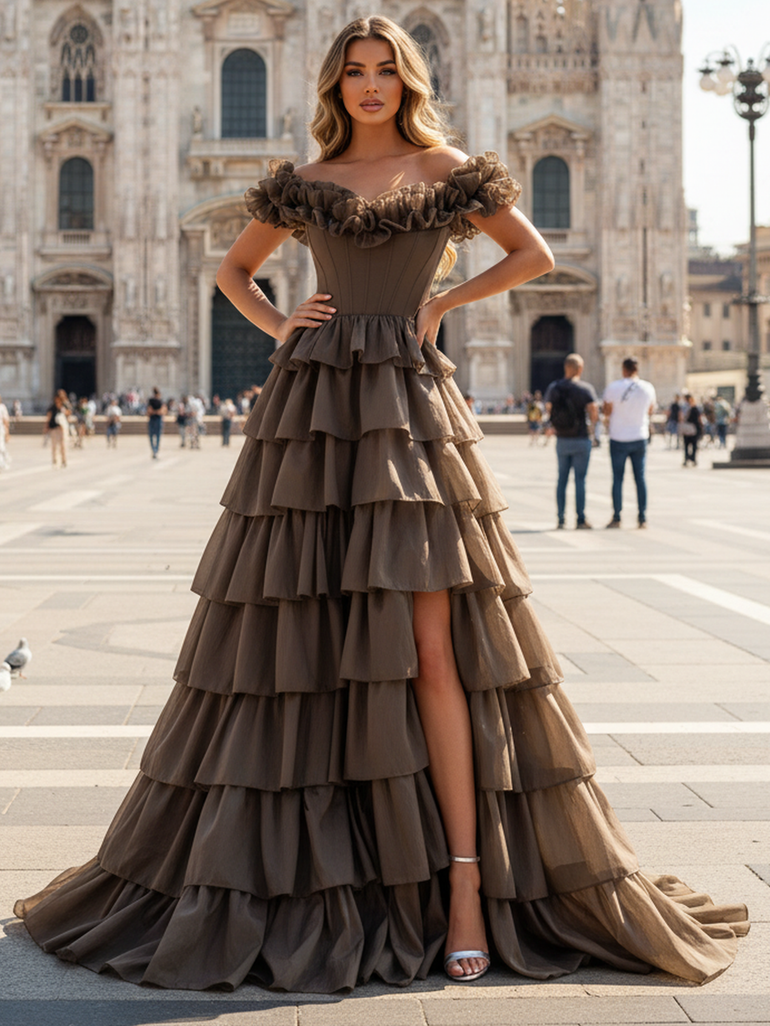 Off Shoulder Bodice Tiered Layered Ball Gown Prom Dress With Slit in Coffee