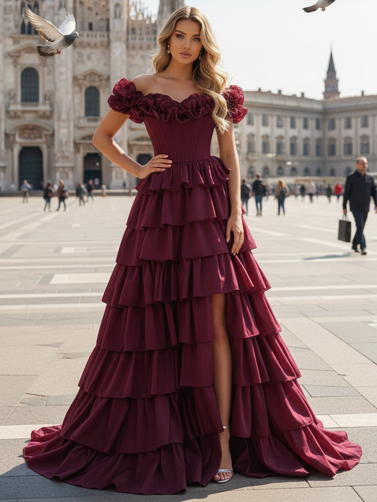 Off Shoulder Bodice Tiered Layered Ball Gown Prom Dress With Slit in Burgundy