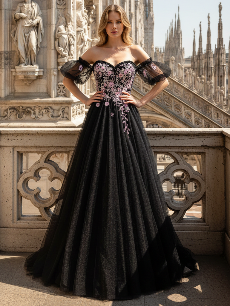 3D Flower Off Shoulder Puffy Sleeve A-Line Long Prom Dress